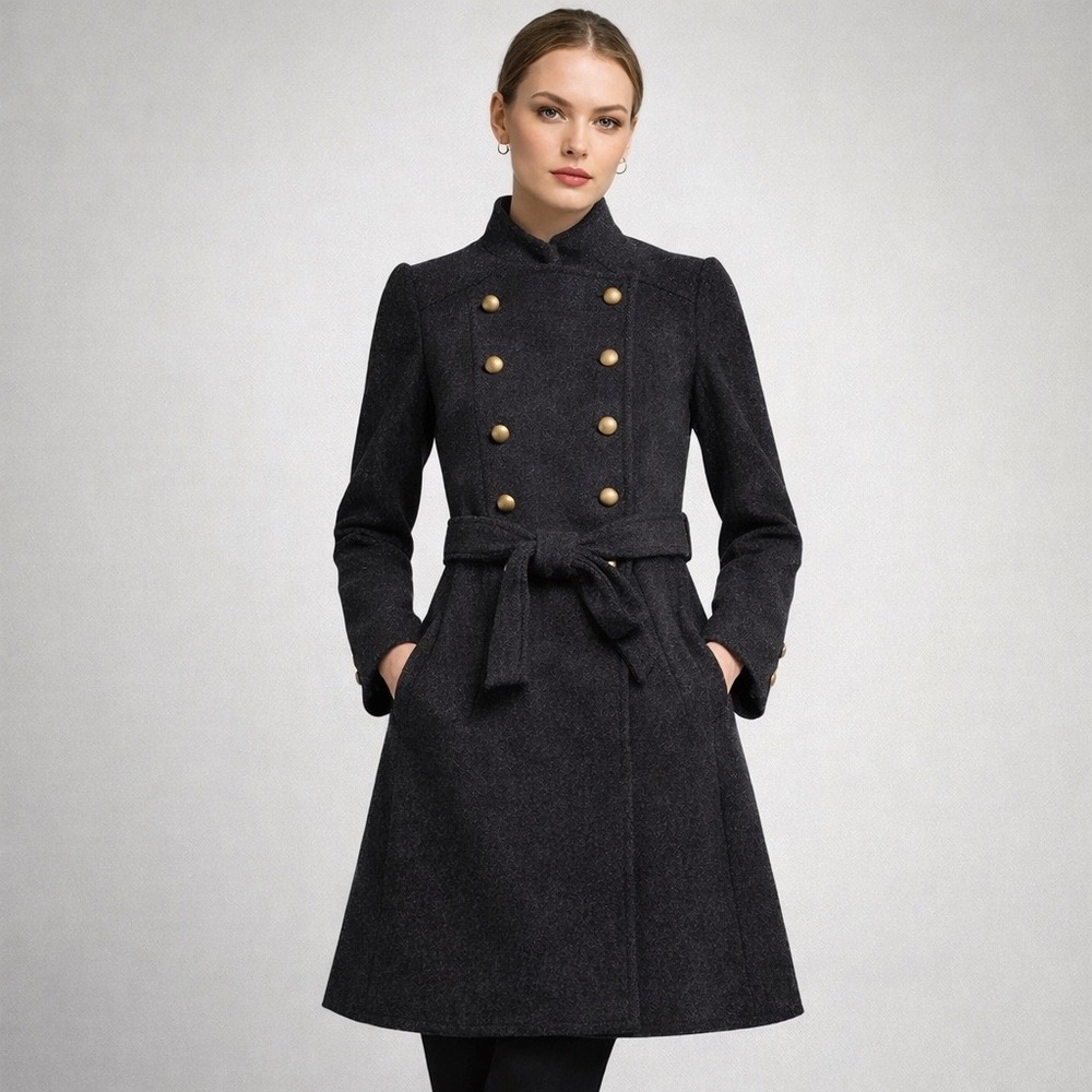 Mixed Brazil Military Wool Coat‎ Gray Double Breasted Belted Women 40